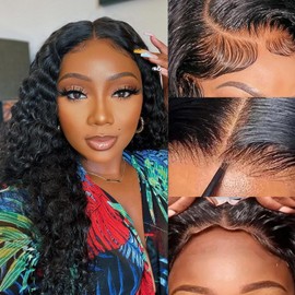 Wear and Go Glueless Wig Human Hair 20 Inch 4x4 Deep Wave Lace Front Wigs Human Hair Pre Plucked Pre Cut with Baby Hair Brazilian Curly Lace Frontal Closure Wigs for Women Human Hair 150% Density Natural Black