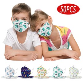 【50 unidades】Máscara desechable de seguridad tipo boca de pescado de 4 capas con diseño de patrón, cubrebocas desechables para niños, antivaho, a prueba de polvo, transpirable, cómoda para caras pequeñas (dinosaurio, mezclas A)