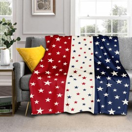 4th of July Blue Red Patriotic Throw Blanket 60"x50" Star Print Memorial Independence Day Blanket Lightweight Soft Blanket Farmhouse Seasonal Holiday Themed Decor for Home Living Room Sofa Couch Bed