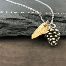 Sterling Silver Pinecone Charm and Bronze Leaf Necklace, 18"