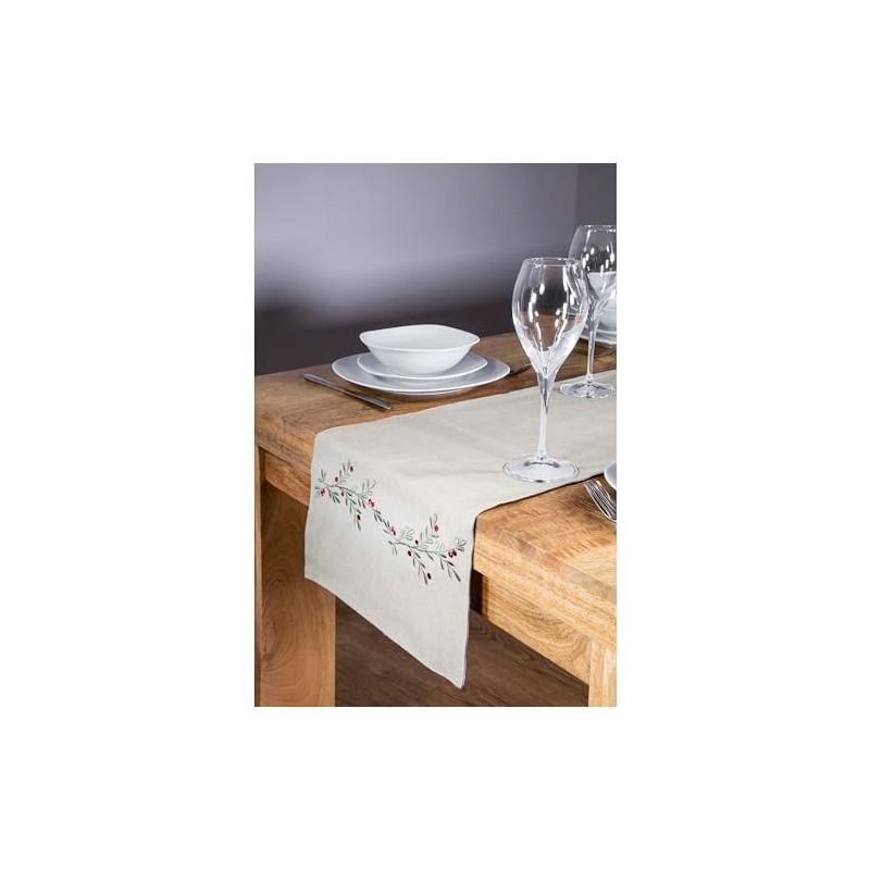 Premier Decorations Christmas Holly Berry Cotton Table Runner Green and