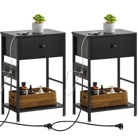 IDEALHOUSE Nightstand with Charging Station - Nightstands Set of 2 for Bedroom, Bedside Tables with Drawer, Modern Black 2-Tier Storage End Table, End Tables with Open Storage