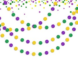 8 Strings Mardi Gras Hanging Garlands Glitter Green Purple Gold Circle Dots Garland Fat Tuesday Masquerade Paper Banner Hanging Ornaments for Backdrop Carnival Party Decorations - Single Sided