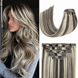 Clip in Hair Extensions Dark Brown Mixed Bleach Blonde Highlight Hair Extensions 70G Human Hair Extensions 7pcs 16clips for Women(18 Inch #2P613)