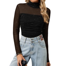 Bridesmay Sparkly Sequin Mesh Top for Women Sheer Black Long Sleeve Tops Mock Neck Glitter Ruched See Through Shirts (Black, 2XL)