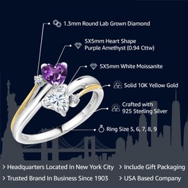 Gem Stone King 2-Heart Couple Mother Engagement Ring for Women | 925 Silver 10K Yellow Gold | 5MM Heart Gemstone Birthstone Moissanite and Lab Grown Diamond Ring | Amethyst-February | 7