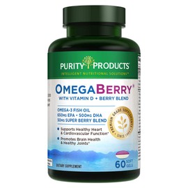 Purity Products OmegaBerry Fish Oil with Vitamin D3 and Organic Acai - 1250mg Concentrated Molecularly Distilled Ultra Pure Omega-3 Fish Oil, 500mg DHA + 650mg EPA - 60 Soft Gels - 30 Day Supply from