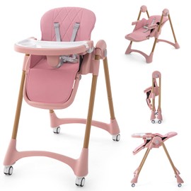 Rotinyard High Chair for Babies & Toddlers, Foldable Baby High Chairs with Adjustable Height, Folding Highchairs with Wheels, Toddler High Chair for Eating with Recline Backrest & Footrest, Pink