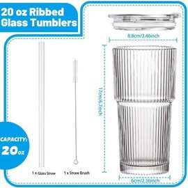 SevvyNaut 20 oz Glass Tumbler with Lid and Straw, 2 Pack Clear Ribbed Iced Coffee Cup, High Borosilicate Glass Tumbler, Reusable Vintage Glassware for Iced Coffee, Smoothies, Cocktails, and Juices