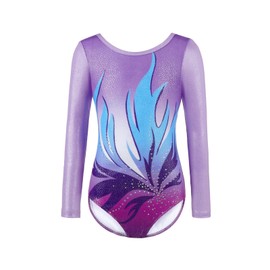 Gymnastics Leotards for Girls - Three-Piece Set with Sparkling Gradient Design, Long Sleeve Leotard, Shorts & Hairband for Ballet & Dance (Gradient Purple, Tag 8A(7-8 Years))