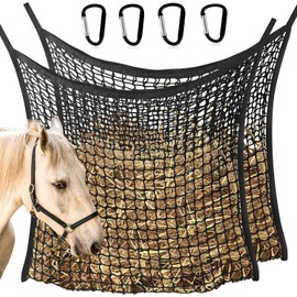 Hay Nets for Horses，2 Pieces of Knotless Slow Feeding Hay Nets with 4 Horse Hook Clips, Large Capacity Open Top Hanging Hay Bags for Horses(Black, 2PC)