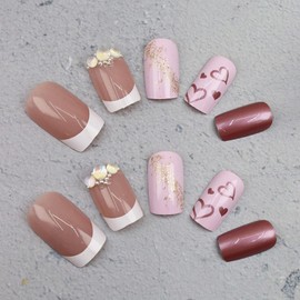 Pink Love Heart Press on Nails Short Square Valentines Day Fake Nails with Pink Heart Design Rhinestone Charms False Nails Valentine's Day French Glue on Nails Gold Foil Stick on Nails for Women Girls