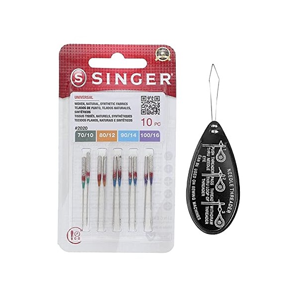 Singer Universal 2020 Sewing Machine Needles, Packet of 10, Assorted Sizes 70/10, 80/12, 90/14 & 100/16, Includes Large Needle Threader