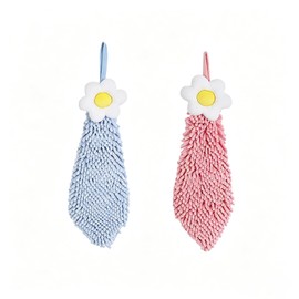 Chenille Hand Drying Towel with Hanging Loop,Daisy Design Lovely Fingertip Towel for Kids Adults, Soft Strong Water Absorption and Quick Drying Hand Towels for Kitchen Bathroom Wash Basin (Pink*Blue)