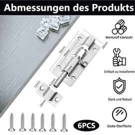 Aiyraa Pack of 6 Stainless Steel Door Bolts, Robust Sliding Lock with Bolt Latch, 2.75 Inch Stainless Steel Door Locks with 36 Screws, for Doors, Sliding Gates, Bathrooms & Sheds (Silver)