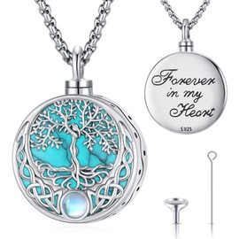LOOVE Tree of Life Urn Necklace Sterling Silver Cremation Necklace for Ashes Moonstone Tree Urn Necklace Turquoise Ashes Necklace for Women Grandma Celtic Urn Jewelry
