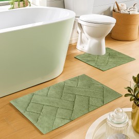 Olivia Rocco Bali 2 Piece Bath Mat Set Super Soft 100% Cotton Easy Care Plush Bath Rug + Toilet Mats Water Absorbent Pedestal Bathmat For Bathroom Toilet Shower (Sage Green)
