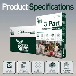 Buck 3 Part Reverse Digital Carbonless NCR Paper, 8.5" x 11" Collated Paper, 1 Ream, 501 Sheets, 92 Bright, CF Pink/CFB Canary/CB White - Ideal for Laser & Digital Printers & Perfect for Duplicates