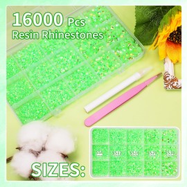 16000 Pcs Resin Rhinestones for Crafting, Flatback Green Gems Jelly Rhinestones, Mixed Sizes Green Bedazzling Crystal with Pickup Tool for DIY Crafts Clothing Tumblers Mugs Shoes Fabric Nail Art