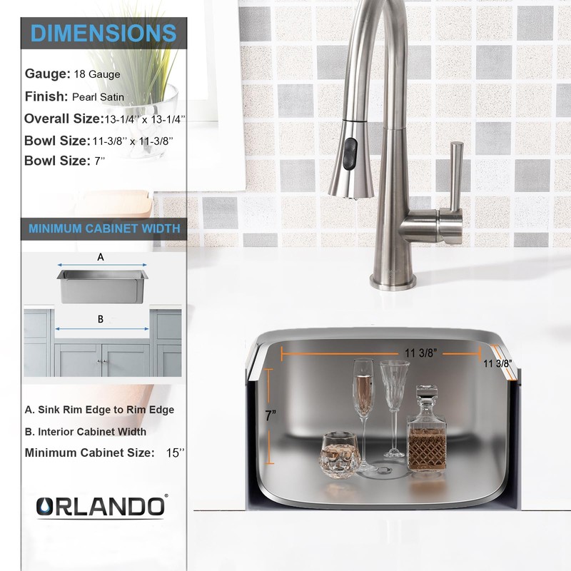 ORLANDO 13x13 inch Undermount Bar Sink, 18-Gauge Stainless Steel Single