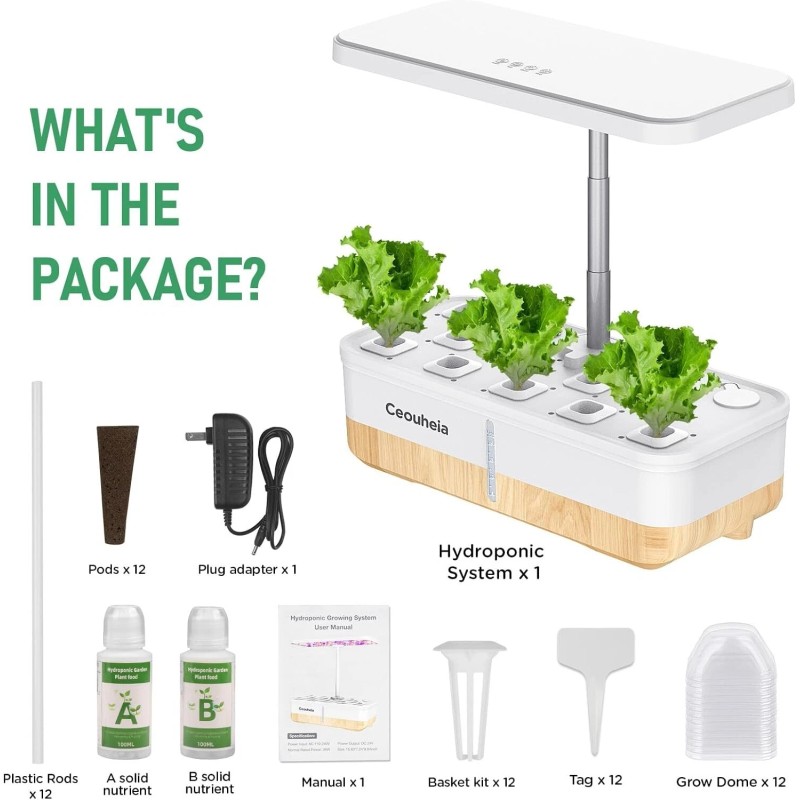Ceouheia Hydroponics Growing System 12Pods, Indoor Herb Garden with LED