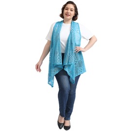 Anna-Kaci Women's Plus Size Bohemian Draped Open Front Crochet Bikini Cover Up Cardigan Vest, Blue, XX-Large-3X-Large