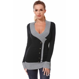 AmélieBoutik Women V Neck Faux Wrap Color Trim Sweater Tunic Top(Black Large)