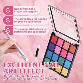Nail Pigment Powder Palette Set, Nail Art Tools, 16 Colors Chrome Nail Powder with 50 pcs Sponges & Grabbing Pen for 3D Gel Nail Art DIY Design
