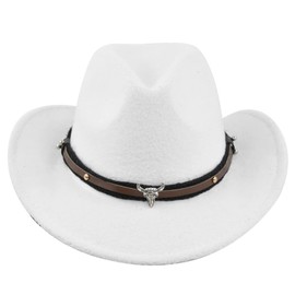Women Men Classic Western Cowboy Hat Retro Vintage Rave Jazz Hat Autumn Winter Wide Brim Hat with Belt (A-White Bull, ONE Size)