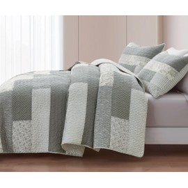 Chezmoi Collection Caleb 3-Piece Muted Gray White Ivory Floral Plaid Rectangular Patchwork Quilt Set - Pre-Washed Cotton Quilted Lightweight Reversible Bedspread for All Seasons, Super King 128x110