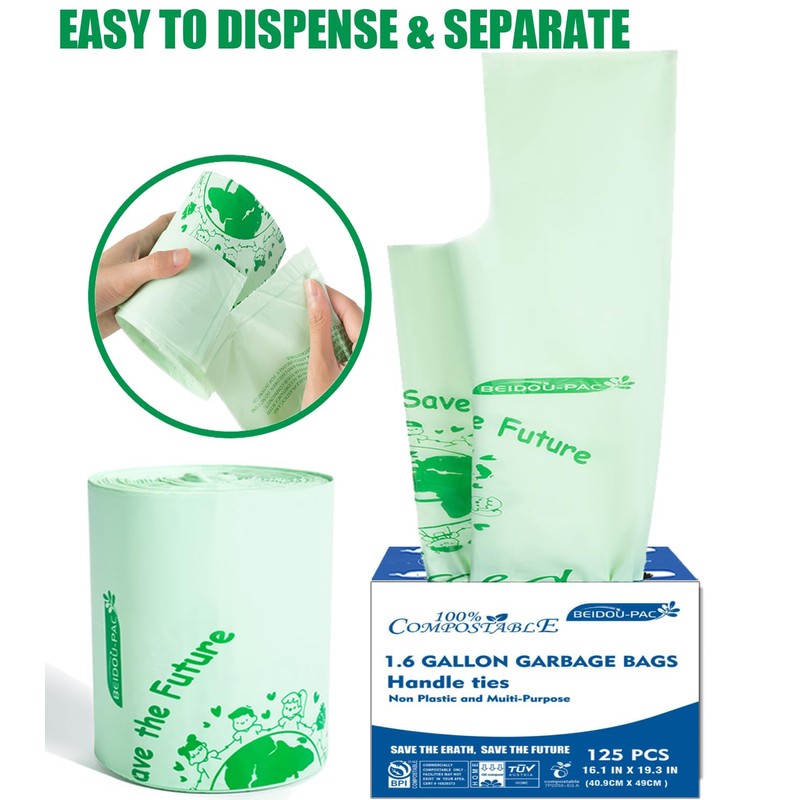 BEIDOU-PAC 1.6 Gallon Compostable Trash Bags with Handle, 125 Count