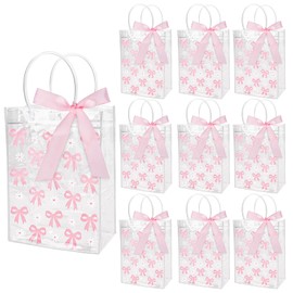 Dmnnlp 10 Pcs Pink Bow Clear Gift Bags, Birthday Bag with Handle Ribbon Bow, Party Pink Bags for Girls Birthdays Wedding Baby Shower Mother's Day Bachelorette Hen Party