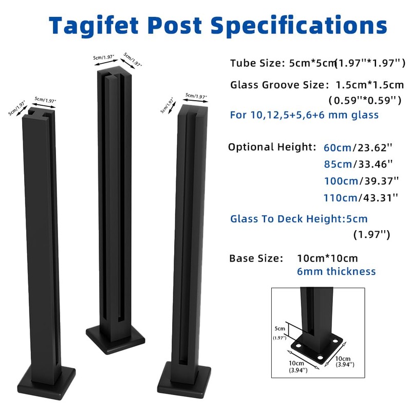 Tagifet Black Glass Railing Post,304 Stainless Steel Glass Railing Post: