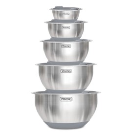 Viking Culinary Stainless Steel Mixing Bowl Set, 10 piece, Non-slip Silicone Base, Includes Airtight Lids, Dishwasher Safe, Grey