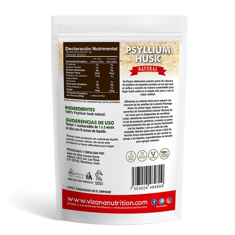 VIZANA NUTRITION | Psyllium Husk Natural 300g Sin Azucar, Cáscara