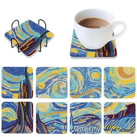 Sonsage 8pcs Starry Sky Diamond Coasters for Drinks with Holder,Natural Wooden Coaster,Diamond Art Kits for Adult,DIY Crafts Kit with Holder