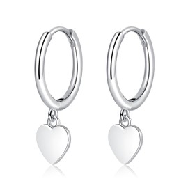 Cangall Silver Drop Hoop Earrings for Women, 925 Sterling Silver Heart Dangle Hoop Earrings, Minimalist Hypoallergenic Small Cute Cartilage Cuff Silver Sleeper Earrings with Dainty Heart Dangling