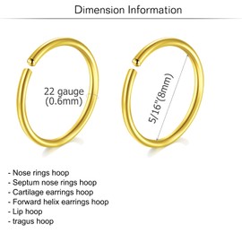 MODRSA Nose Rings Hoops Gold Hoop Nose Ring Nose Hoops Cartilage Hoop Earring Thin Cartilage Earring Hoop Helix Hoop Earring Small Hoop Earrings for Cartilage Tragus Hoop Earring Lip Hoop 22g 8mm