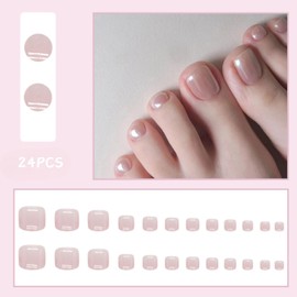 Nude Fake Toenail - 24 Pcs Pearl Nude Pink False Toe Nails - Square Aurora Press On Toe Nails Short - Full Cover French Tip Glitter Stick On Toenails with Glue For Women Girls Nail Art DIY Decorations
