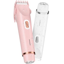 Fanovae X1 Bikini Trimmer for Women, 2-Pack Dual-Head Electric Razor (Wide Trimmer + Round Micro Shaver), IP67 Waterproof Wet & Dry, USB-C Rechargeable, Guide Comb 3/6mm – Petal Pink + White