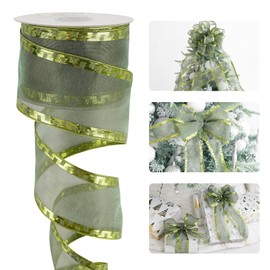 HUIHUANG Moss Green Sheer Wired Ribbon with Metallic Green Greek Key Trim Ribbon 2.5 inch Moss Wire Ribbon for Gift Wrapping, Christmas Tree, Garlands, Home Décor, Fall Decor- 25 Yards