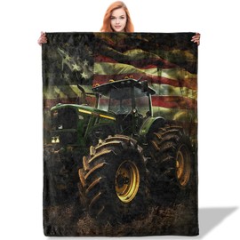 Plistiz Vintage American Flag Tractor Throw Blanket for Women Girls Boys, Soft Flannel Blankets Gifts for Living Room Couch, Home, Sofa Decor, 50"x60"