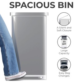 EconoHome 20 Gallon Stainless Steel Large Kitchen Trash Can with Foot Pedal, Soft Close Lid and Trash Bag Retainer Rim