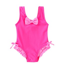 YOUNGER TREE Toddler Swimsuit Girl Cute Stripe One-Piece Ruffle Swimwear Baby Girl Bathing Suits with Bow(18-24 Months,Hot Pink and Pink Bow)