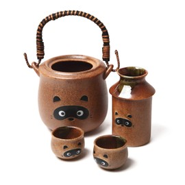 Traditional Japanese Pottery Sake Set - Exquisite Mino Ware Ceramic 4-Piece Tanuki Raccoon Set With Warmer, Bottle and Cups