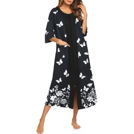 Ekouaer Robe for Women Zipper front Robes 3/4 Sleeve House Dress with Pockets Full Length Nightgown Housecoat,Black Butterfly,M