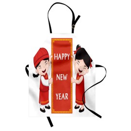 Ambesonne Chinese New Year Apron, Cheerful in Traditional Costumes Holding a Celebration Sign, Unisex Kitchen Bib with Adjustable Neck for Cooking Gardening, Adult Size, Multicolor