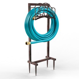 Ouinis Garden Hose Holder Hanger Freestanding, Upgraded 4-Spike Heavy Duty Storage Reel Stand, Holds 150ft Hose for Outside Yard Lawn (Rustic Floral, Metal)
