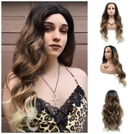 Body Wave Hair Ombre Wigs Brown Mixed Highlight Blonde Wig Natural Hairline Curly Synthetic Lace Front Cosplay Costume Holidays Wigs for Women