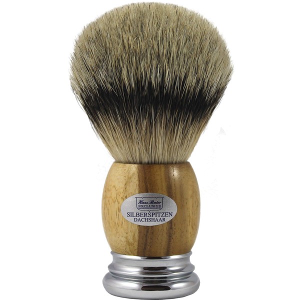 Hans Baier Exclusive Shaving Brush Silver Tip Teak Wood with Metal Base - Size 3